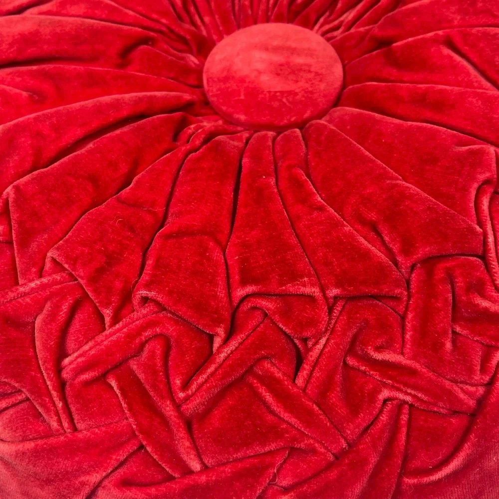 Round Smocked Velvet Decorative Throw Pillow Red Mid-Century Modern Accent